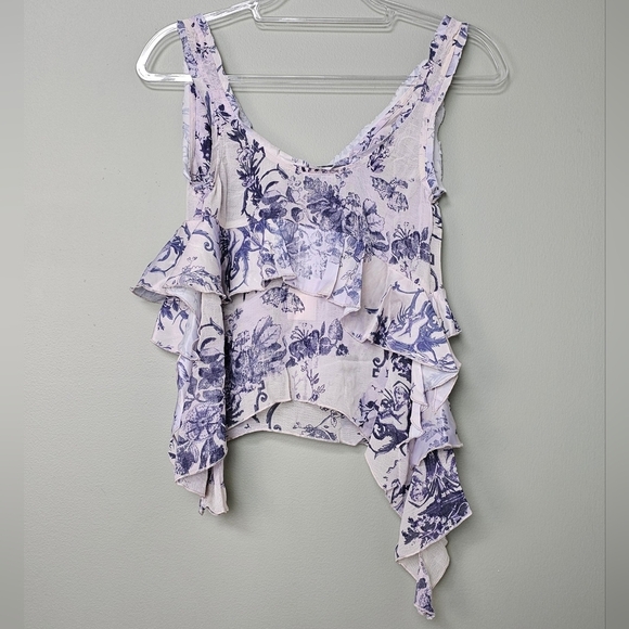 Ecote Debbie Asymmetrical Tiered Ruffle Tunic Tank Top, Blue Floral Motif, XS - Picture 7 of 9